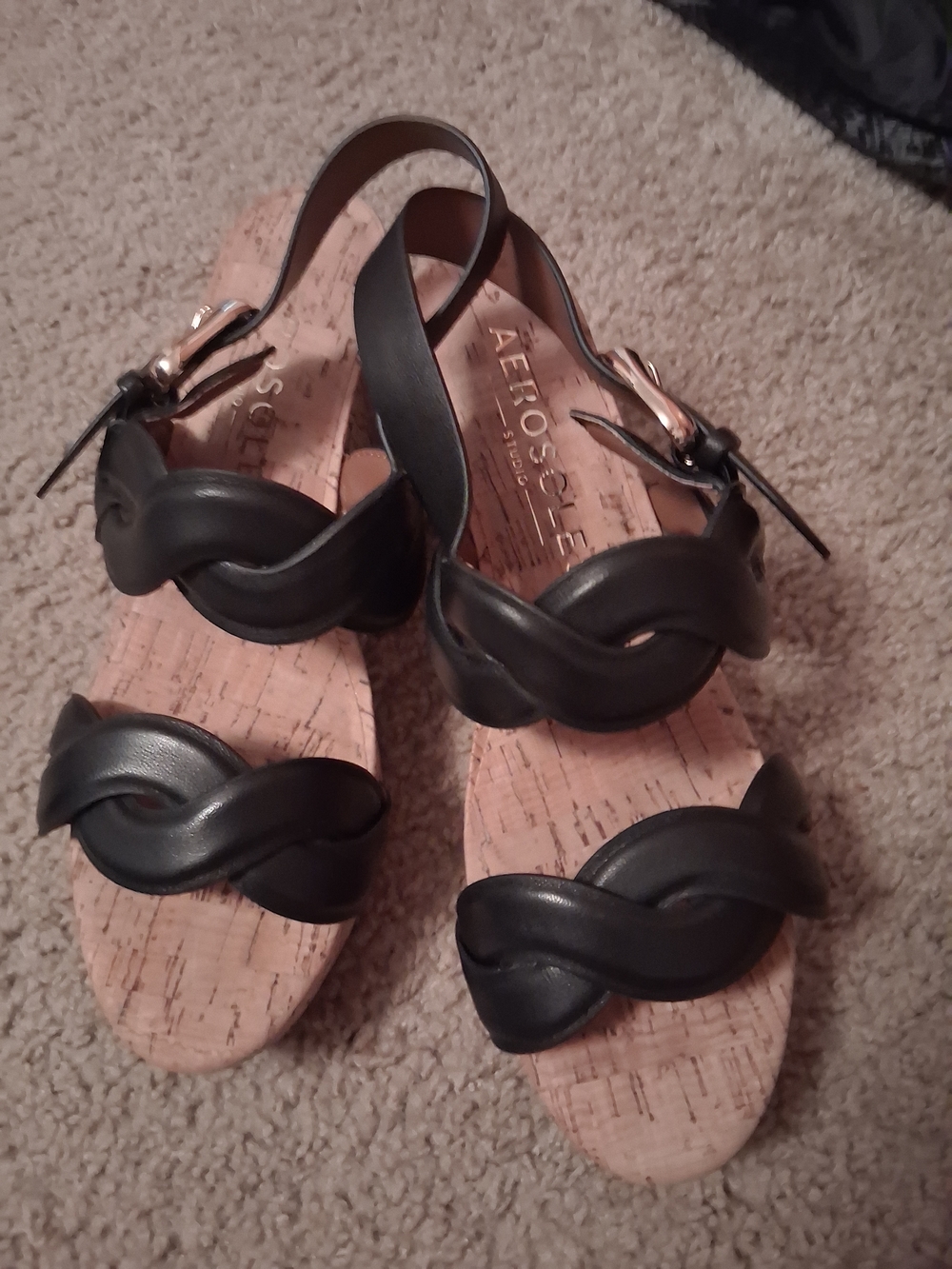 AEROSOLES Black Braided Strap Cork-Style Sandals